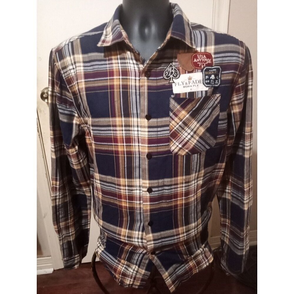 BORN FLY men Large L Button-Down Graphic Shirt front button pockets long sleeve